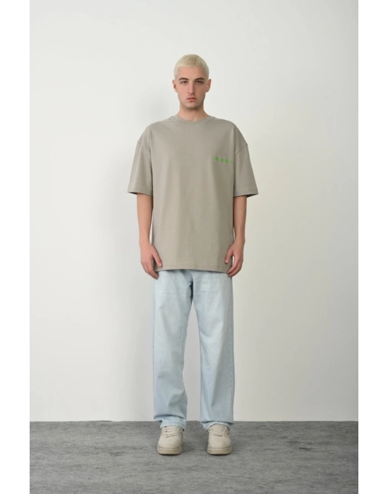 Erkek Baskılı T-Shirt Kısa Kol Bisiklet Yaka Rahat Kalıp Tişört  - Boyalı Gri