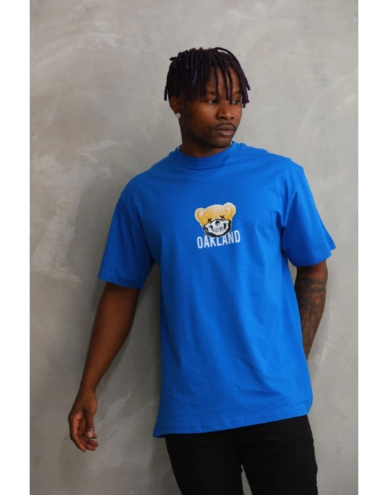 Erkek Baskılı T-Shirt Kısa Kol Bisiklet Yaka Rahat Kalıp Tişört - Mavi
