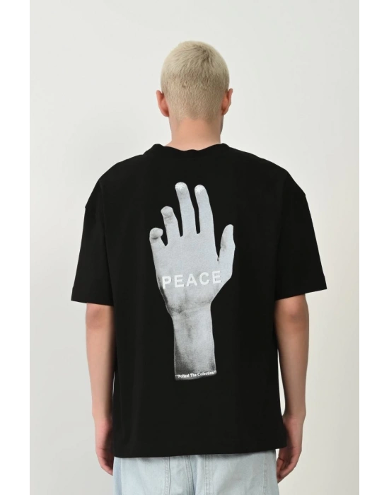Erkek Baskılı T-Shirt Kısa Kol Bisiklet Yaka Rahat Kalıp Tişört - Siyah