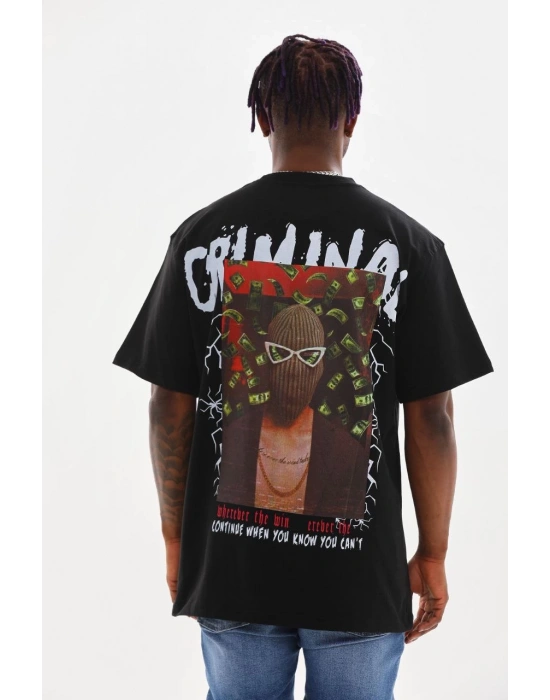 Erkek Baskılı T-Shirt Kısa Kol Bisiklet Yaka Rahat Kalıp Tişört  - Siyah