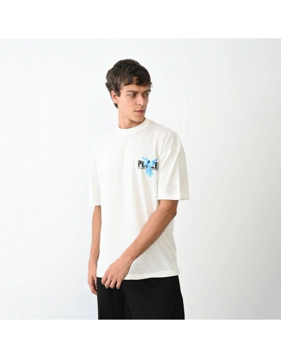 Erkek Baskılı T-Shirt Kısa Kol Bisiklet Yaka Regular Fit Rahat Kalıp Günlük Tişört - Beyaz