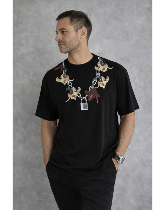 Erkek Baskılı T-Shirt Kısa Kol Bisiklet Yaka Regular Fit Rahat Tişört - Siyah