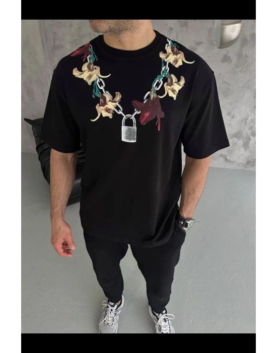 Erkek Baskılı T-Shirt Kısa Kol Bisiklet Yaka Regular Fit Rahat Tişört - Siyah