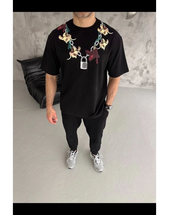 Erkek Baskılı T-Shirt Kısa Kol Bisiklet Yaka Regular Fit Rahat Tişört - Siyah