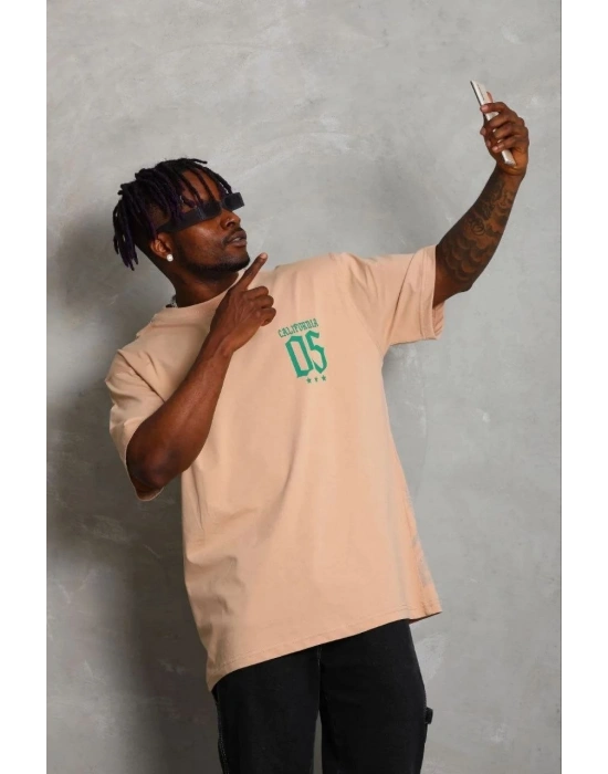 Erkek Baskılı T-Shirt Kısa Kol Bisiklet Yaka Regular Fit Tişört - Bej