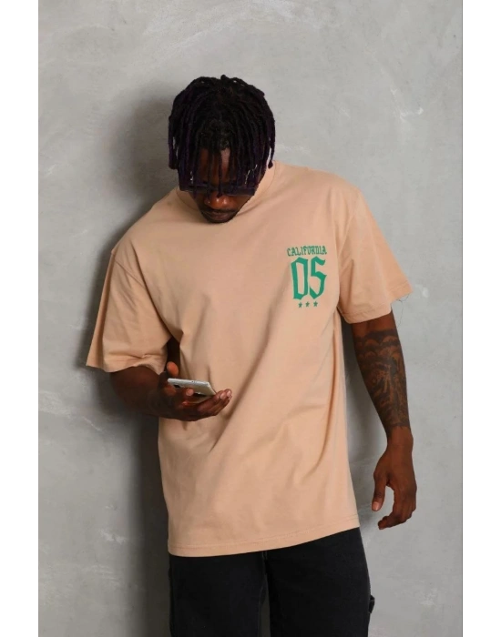 Erkek Baskılı T-Shirt Kısa Kol Bisiklet Yaka Regular Fit Tişört - Bej