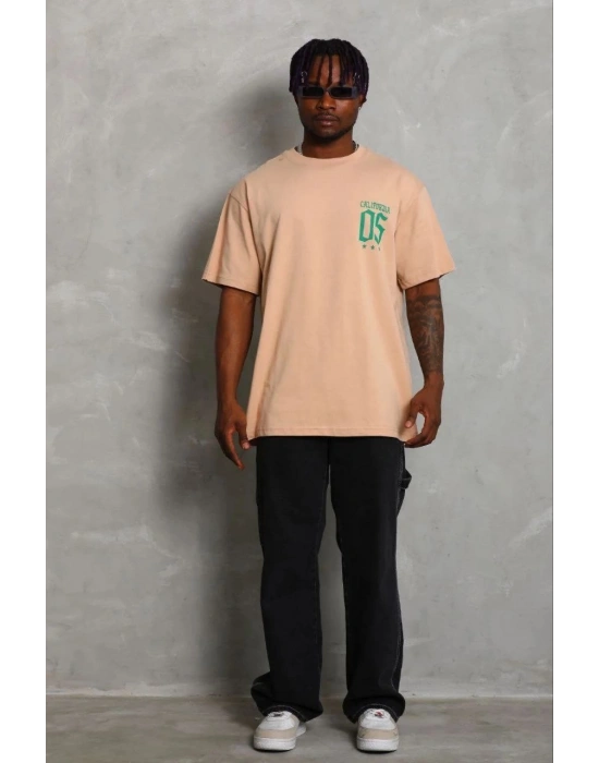Erkek Baskılı T-Shirt Kısa Kol Bisiklet Yaka Regular Fit Tişört - Bej