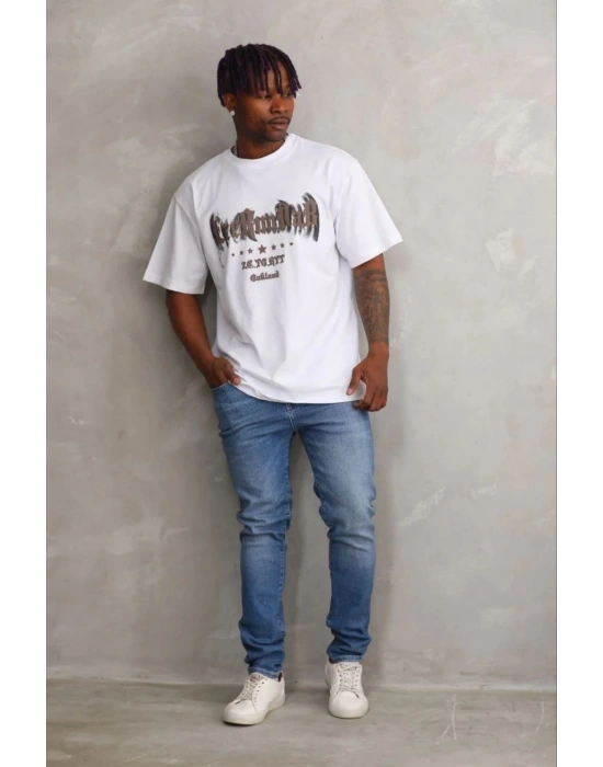 Erkek Baskılı T-Shirt Kısa Kol Bisiklet Yaka Regular Fit Tişört - Beyaz