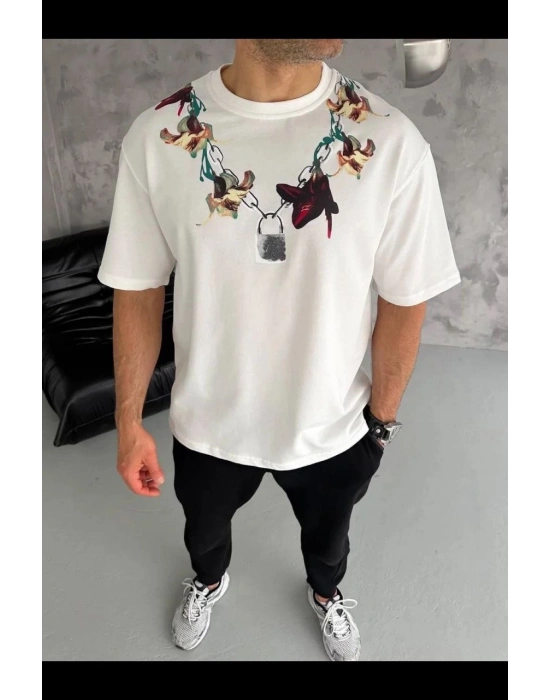 Erkek Baskılı T-Shirt Kısa Kol Bisiklet Yaka Regular Fit Tişört - Beyaz