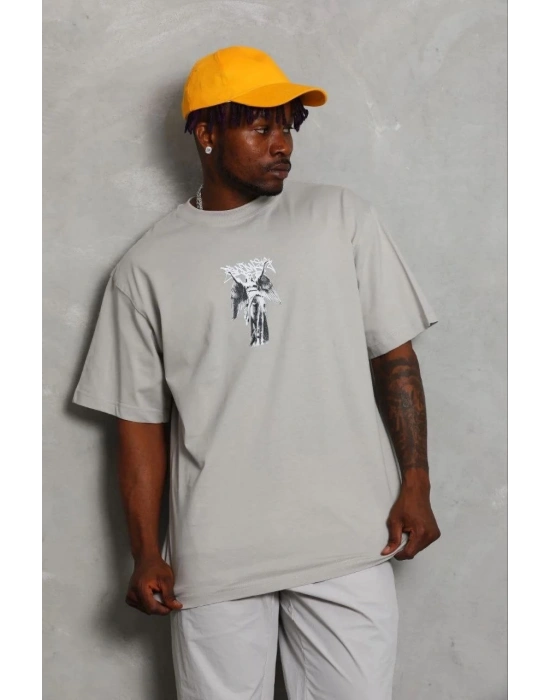 Erkek Baskılı T-Shirt Kısa Kol Bisiklet Yaka Regular Fit Tişört - Gri