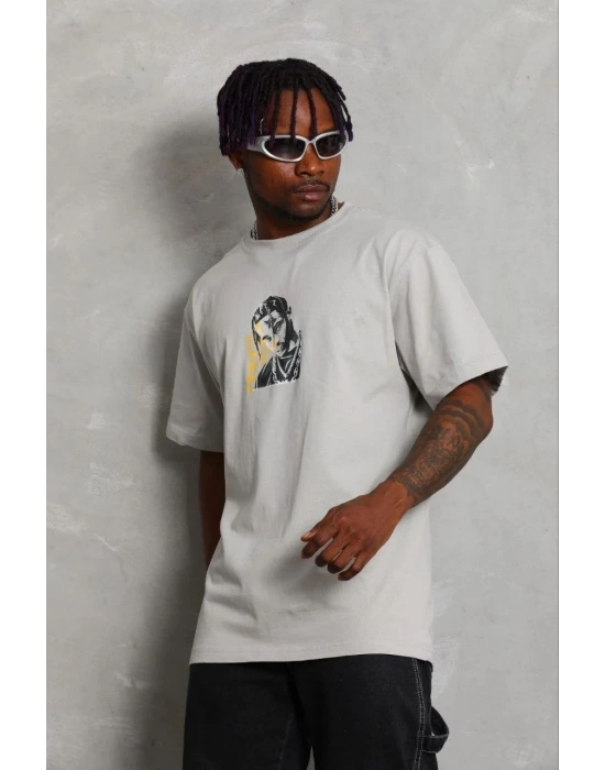 Erkek Baskılı T-Shirt Kısa Kol Bisiklet Yaka Regular Fit Tişört - Gri