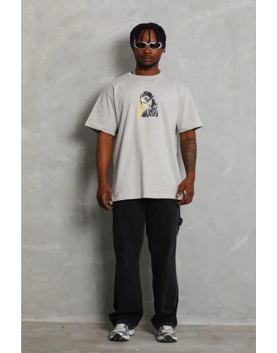 Erkek Baskılı T-Shirt Kısa Kol Bisiklet Yaka Regular Fit Tişört - Gri