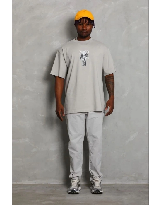 Erkek Baskılı T-Shirt Kısa Kol Bisiklet Yaka Regular Fit Tişört - Gri
