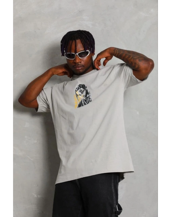 Erkek Baskılı T-Shirt Kısa Kol Bisiklet Yaka Regular Fit Tişört - Gri