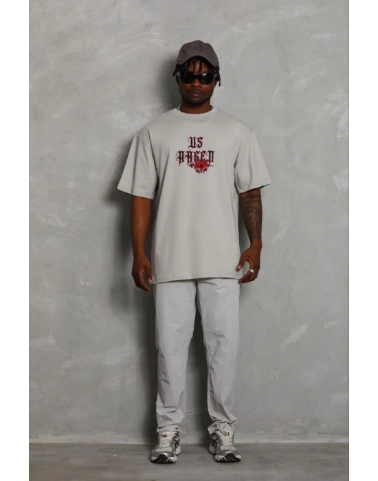 Erkek Baskılı T-Shirt Kısa Kol Bisiklet Yaka Regular Fit Tişört - Gri