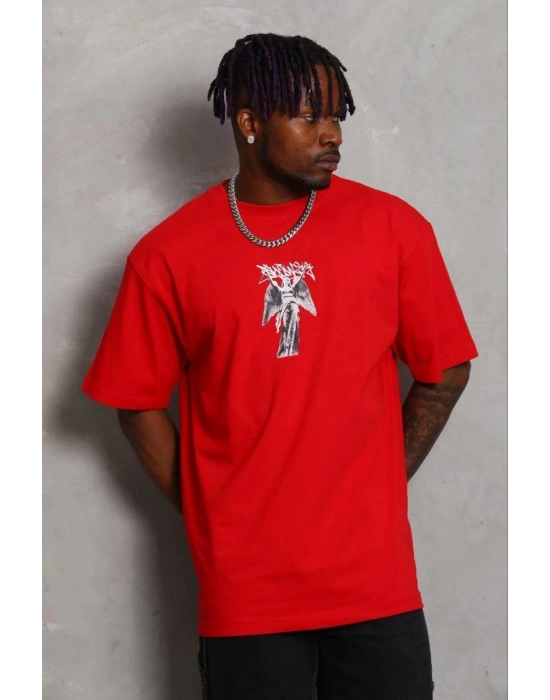 Erkek Baskılı T-Shirt Kısa Kol Bisiklet Yaka Regular Fit Tişört - Kırmızı
