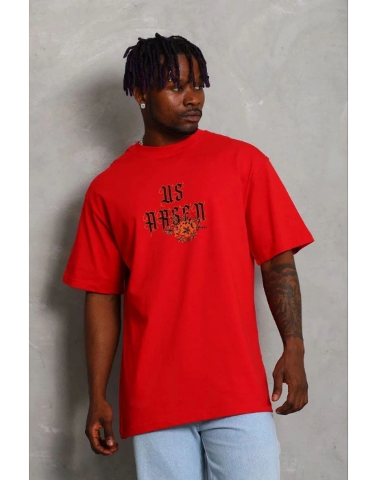 Erkek Baskılı T-Shirt Kısa Kol Bisiklet Yaka Regular Fit Tişört - Kırmızı