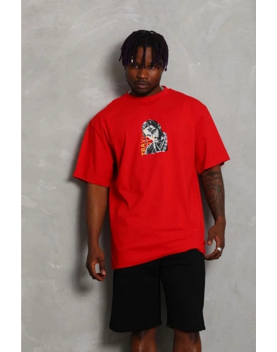 Erkek Baskılı T-Shirt Kısa Kol Bisiklet Yaka Regular Fit Tişört - Kırmızı
