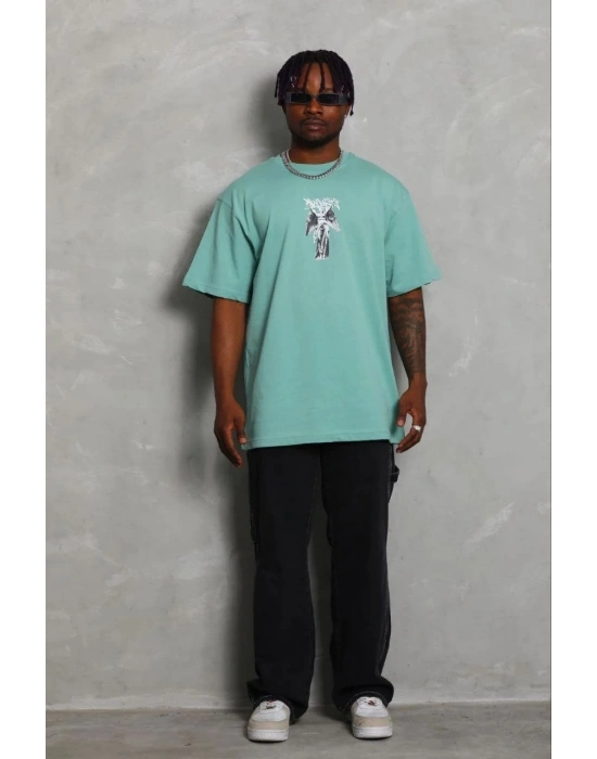 Erkek Baskılı T-Shirt Kısa Kol Bisiklet Yaka Regular Fit Tişört - Mint Yeşili