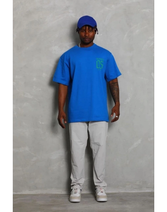 Erkek Baskılı T-Shirt Kısa Kol Bisiklet Yaka Regular Fit Tişört - Saks Mavisi