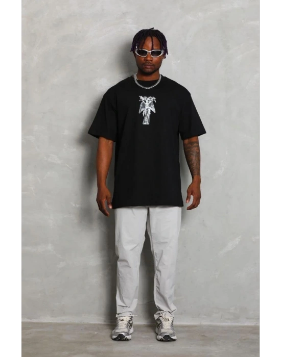 Erkek Baskılı T-Shirt Kısa Kol Bisiklet Yaka Regular Fit Tişört - Siyah
