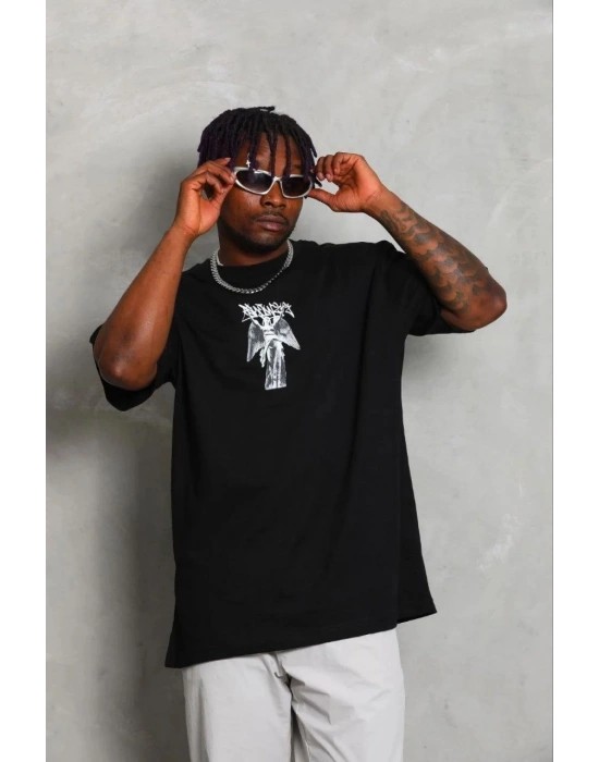 Erkek Baskılı T-Shirt Kısa Kol Bisiklet Yaka Regular Fit Tişört - Siyah