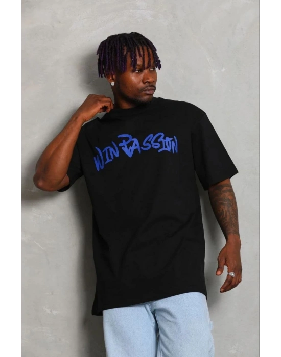 Erkek Baskılı T-Shirt Kısa Kol Bisiklet Yaka Regular Fit Tişört - Siyah