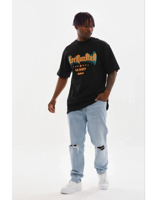 Erkek Baskılı T-Shirt Kısa Kol Bisiklet Yaka Regular Fit Tişört - Siyah