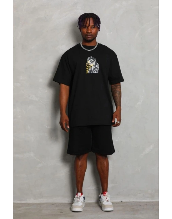 Erkek Baskılı T-Shirt Kısa Kol Bisiklet Yaka Regular Fit Tişört - Siyah