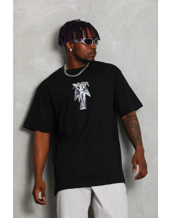 Erkek Baskılı T-Shirt Kısa Kol Bisiklet Yaka Regular Fit Tişört - Siyah