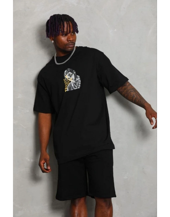 Erkek Baskılı T-Shirt Kısa Kol Bisiklet Yaka Regular Fit Tişört - Siyah