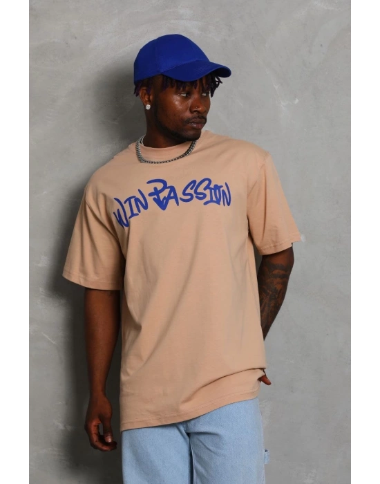 Erkek Baskılı Tişört Kısa Kol Bisiklet Yaka Oversize T-Shirt - Bej