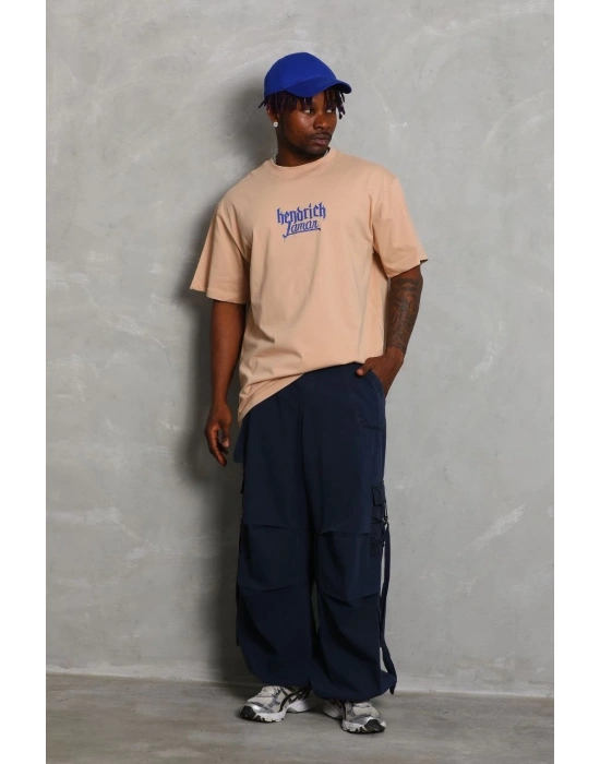 Erkek Baskılı Tişört Kısa Kol Bisiklet Yaka Oversize T-Shirt - Bej
