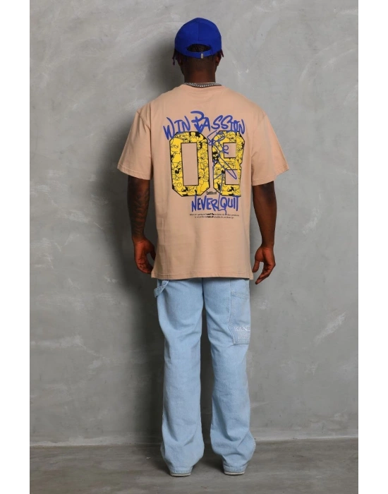 Erkek Baskılı Tişört Kısa Kol Bisiklet Yaka Oversize T-Shirt - Bej