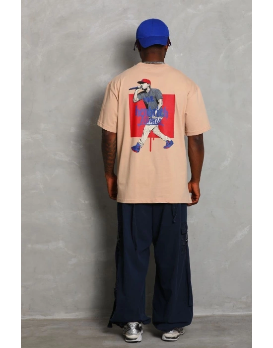 Erkek Baskılı Tişört Kısa Kol Bisiklet Yaka Oversize T-Shirt - Bej