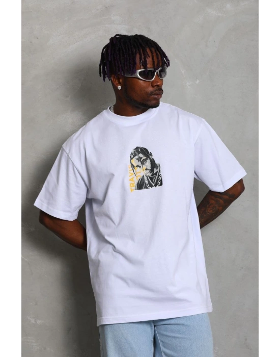 Erkek Baskılı Tişört Kısa Kol Bisiklet Yaka Oversize T-Shirt - Beyaz
