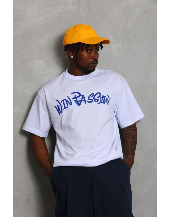 Erkek Baskılı Tişört Kısa Kol Bisiklet Yaka Oversize T-Shirt - Beyaz