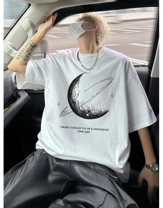 Erkek Baskılı Tişört Kısa Kol Bisiklet Yaka Oversize T-Shirt - Beyaz
