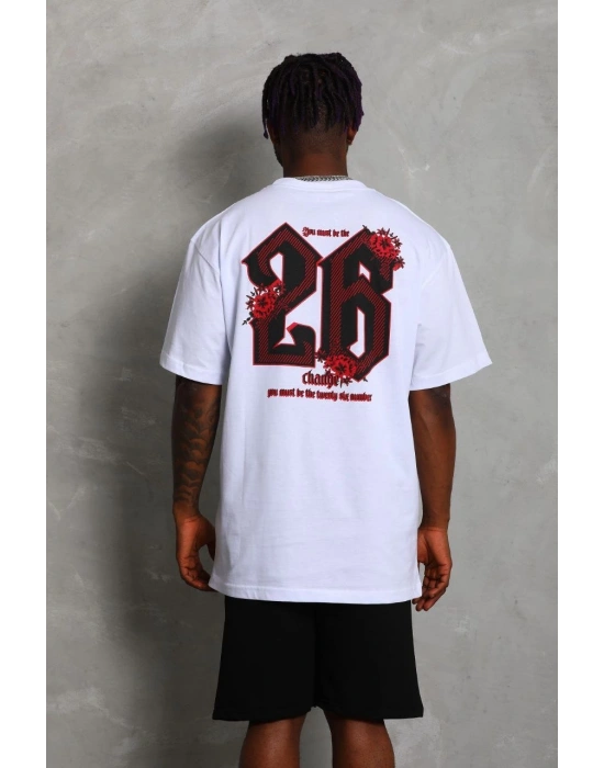 Erkek Baskılı Tişört Kısa Kol Bisiklet Yaka Oversize T-Shirt - Beyaz