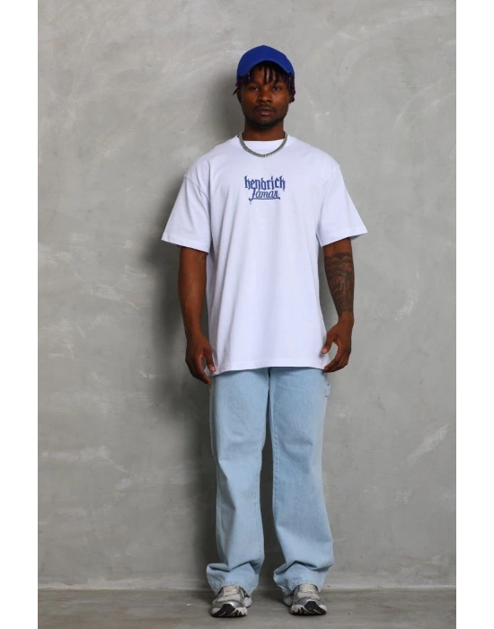 Erkek Baskılı Tişört Kısa Kol Bisiklet Yaka Oversize T-Shirt - Beyaz