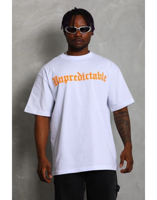 Erkek Baskılı Tişört Kısa Kol Bisiklet Yaka Oversize T-Shirt - Beyaz