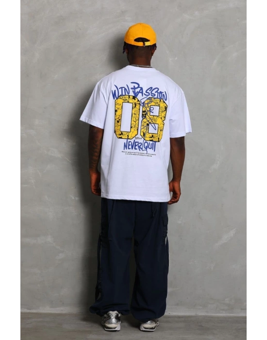 Erkek Baskılı Tişört Kısa Kol Bisiklet Yaka Oversize T-Shirt - Beyaz