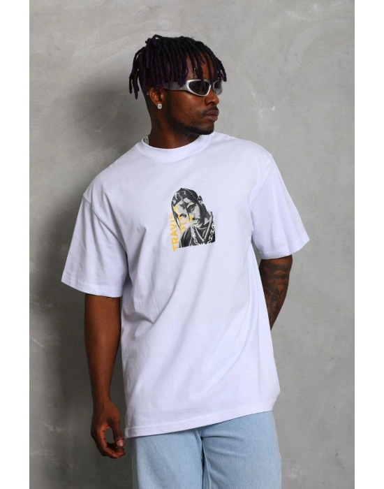 Erkek Baskılı Tişört Kısa Kol Bisiklet Yaka Oversize T-Shirt - Beyaz