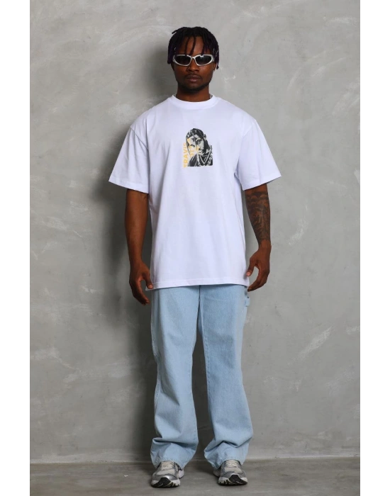 Erkek Baskılı Tişört Kısa Kol Bisiklet Yaka Oversize T-Shirt - Beyaz
