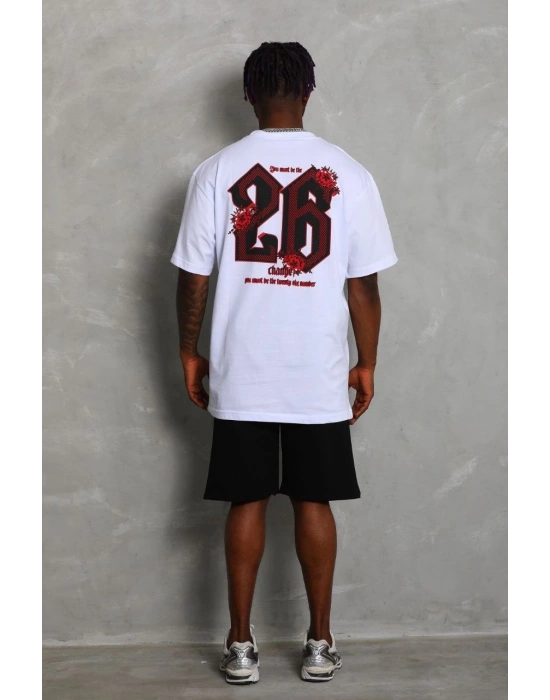 Erkek Baskılı Tişört Kısa Kol Bisiklet Yaka Oversize T-Shirt - Beyaz