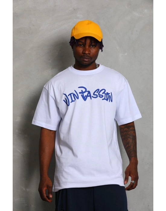 Erkek Baskılı Tişört Kısa Kol Bisiklet Yaka Oversize T-Shirt - Beyaz