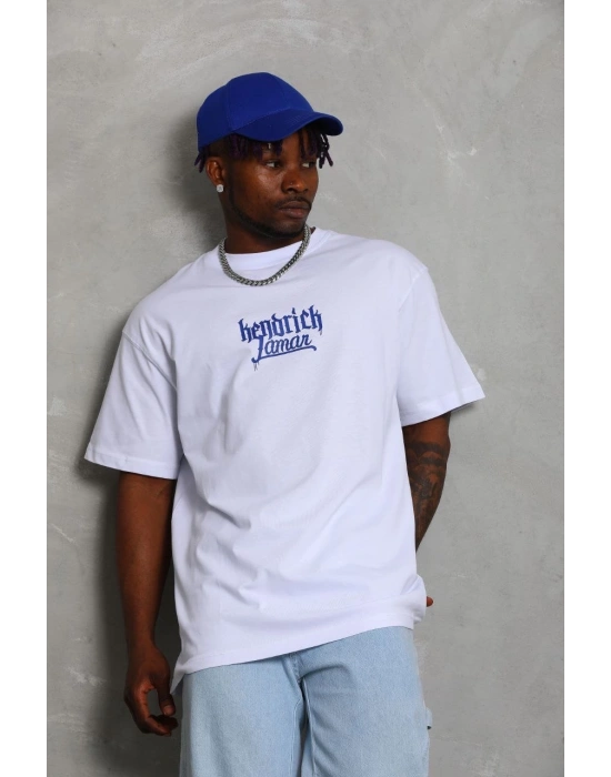 Erkek Baskılı Tişört Kısa Kol Bisiklet Yaka Oversize T-Shirt - Beyaz