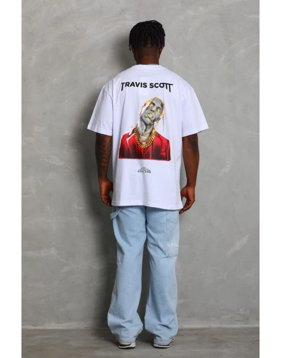 Erkek Baskılı Tişört Kısa Kol Bisiklet Yaka Oversize T-Shirt - Beyaz