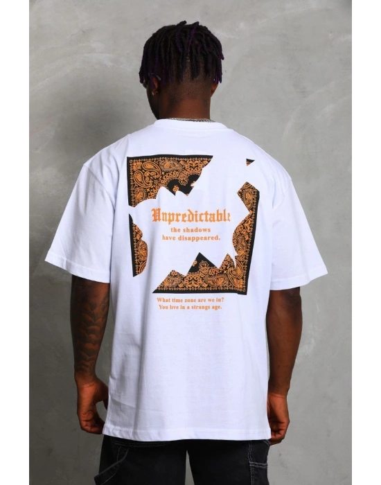 Erkek Baskılı Tişört Kısa Kol Bisiklet Yaka Oversize T-Shirt - Beyaz
