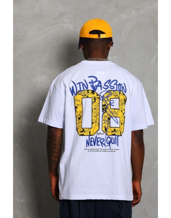 Erkek Baskılı Tişört Kısa Kol Bisiklet Yaka Oversize T-Shirt - Beyaz